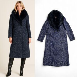 Boden Burley Wool Bouclé Coat Navy Cream w/ Removable Faux Fur Collar 6R